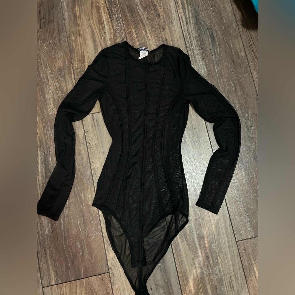 Fashion Nova Sheer Black Long Sleeve Bodysuit